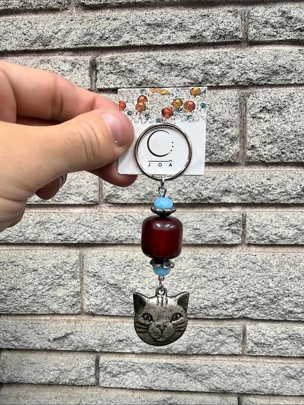 JOA Grenier Cat Keychain Silver Tone Charm Burgundy Blue Beads Artisan